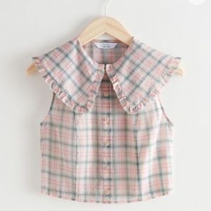 & Other Stories Ruffle Collar Button Up Top, Pink Checks, Size 8